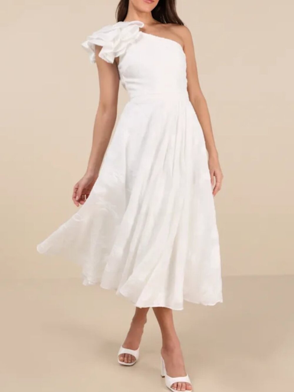 Lulu's White One-Shoulder Ruffle Midi Dress
